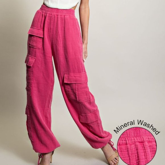 eesome Pants - Hot Pink Mineral Washed Cotton Elastic Waist Cargo Pants